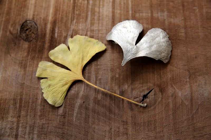 Ein Gingko-Blatt und ein hauchdünnes und zartes Kunstwerk aus unserer Designwerkstatt inform eines silbernes Gingko-Blattes auf Holzhintergrund